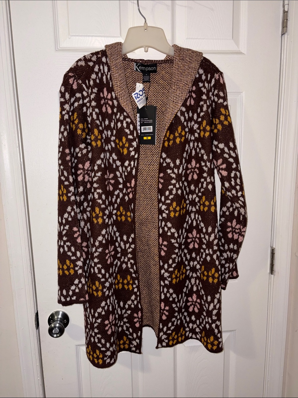 Brown Patterned Hooded Cardigan with Pink & Yellow Accents